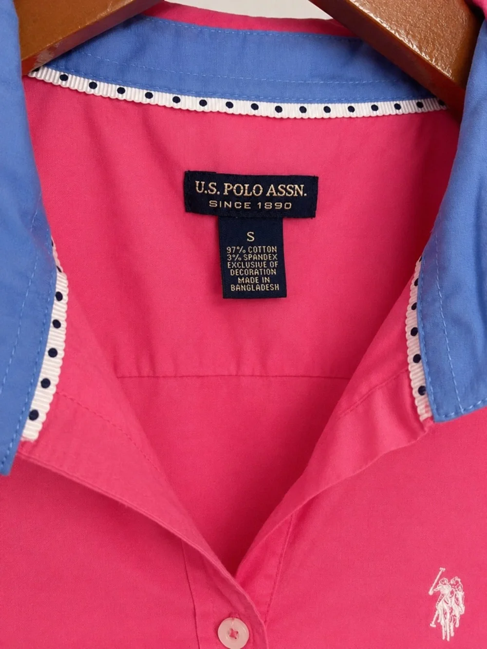 U.S. Polo Assn. Pink Button Front Shirt Small | Contrast Blue Collar | Cotton